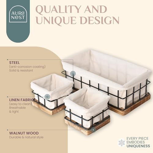 Metal-Baskets-for-Organizing-Set-of-3-Black-Metal-Basket-with-Liner-Wooden-Decorative-Baskets-for-Home-Decor-Bathroom-Decor-Kitchen-Decor-Wooden-Baskets-Wire-1-Large-2-Small Metal Baskets for Organizing Set of 3 Black Metal Basket with Liner Wooden Decorative Baskets for Home Decor Bathroom Decor Kitchen Decor Wooden Baskets Wire 1 Large 2 Small