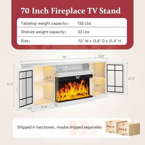 Image of MXV 70'' Fireplace TV Stand, Farmhouse Entertainment Center with 3 Sided Glass TV Stand, Modern Media Console Table with Storage Drawers & Cabinets with LED Flame and Lights for Living Room, White