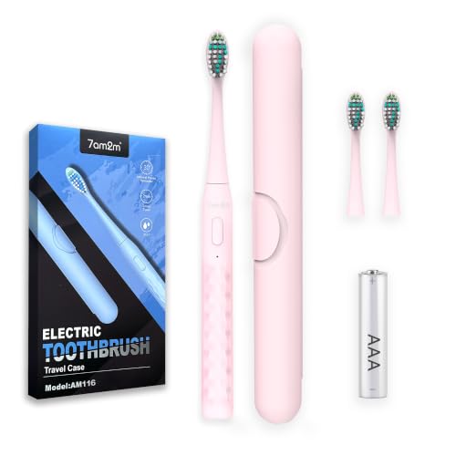 Image of 7AM2M Sonic Travel Electric Toothbrush for Adults & Kids, Travel Case&2 Brush Heads, Battery Powered Sonic Toothbrush, Compact Design for Daily /Travel Use-Pink