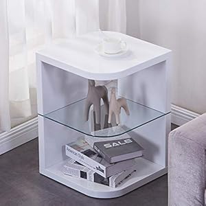 GOLDFAN Table Basse Salon Petite Table d’appoint Ronde Table de Chevet Bois Brillante Bout de Canape Verre, Blanc