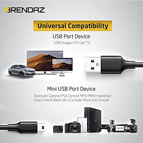 Brendaz - Mini Usb To Mini B Data Cable – Extra Long 15Ft. Mini B Cable With Ultimate Data Sync & Charging Quality Compatible With Ps3, Dash Cam, Digital Cameras, Pda, Scanners, Etc. (15-Feet) #TOP2