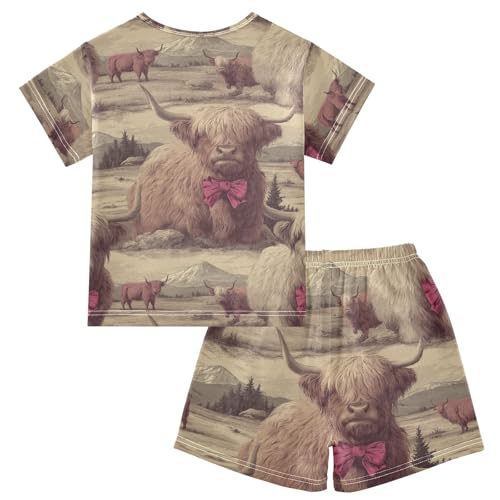 Pajama Short Sets Highland Cattle with Bows Soft Cotton Summer Sleepwear 2 Piece PJS Size 5-14T2