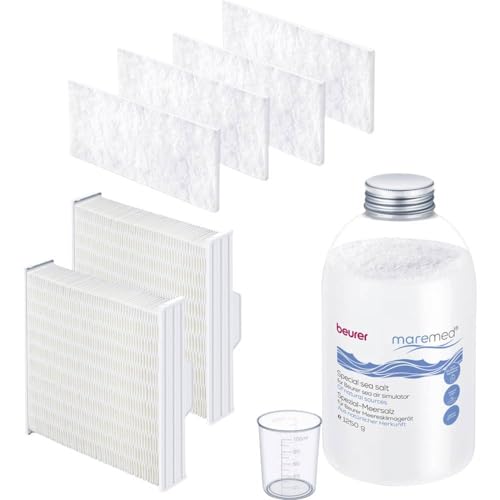 Beurer LB 12 Mini-Luftbefeuchter, mit Ultraschall-Befeuchtungstechnologie, Ideal fürs Büro oder auf Reisen 7 Beurer maremed Kombiset zur Anwendung mit dem MK 500 Meeresklimagerät, 1250g Spezial Meersalz, 4x Vorfilter, 2x Wasserverdunsterblock, 1x Messbecher