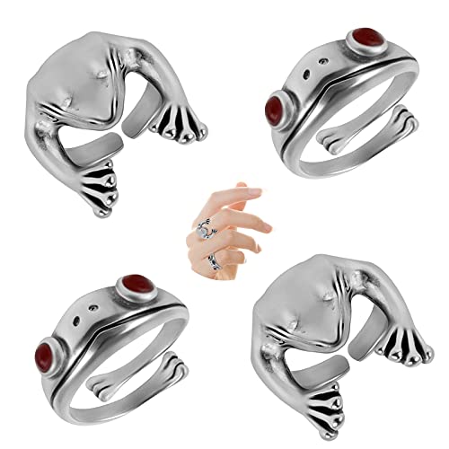 4 Pcs Bagues d'animaux, Bague d'animaux Argent Est Conçus avec un Motif Rétro de Grenouille, Bague d'animal Femme en Alliage de Zinc Hypoallergénique / Bague Vintage d'animaux Est Ajustable (Argent) Cover