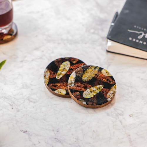 Image of Ireka Home Forest Floor Coaster Set (4 Pieces) | Handcrafted Acacia Wood, Enamel Leaf Artwork, For Tea & Coffee