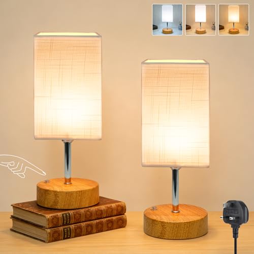 Wudyfei Touch Bedside Lamps Set of 2, Small Dimmable Table Lamp with Wood Grained Base & Fabric Shade, LED Minimalist Bed Side Nightstand Lamp for Bedroom, Living Room, Kids Room, Study, Dorm, Office