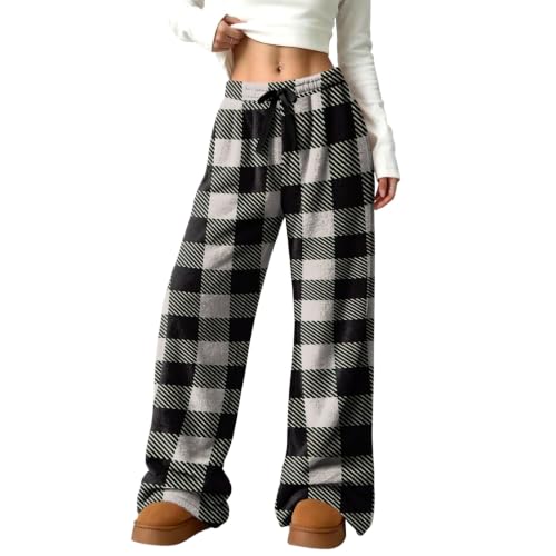 Wide Leg Pants for Women Comfort Checkered Plaid Flannel Elastic Waist Pant - image 5