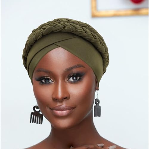 Image of DRESHOW African Women Turban Caps Beanie Twist Headscarf Pre-Tied Double Twisted Braid Hair Cover Wrap Hat Chemo Cancer Cap