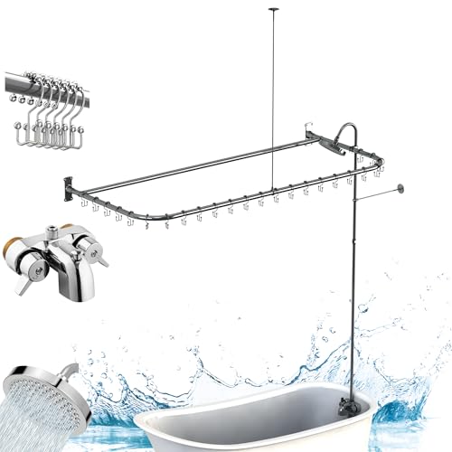 Pyhomestrim Clawfoot Tub Shower Kit,Add On Shower With Bathcock Diverter Faucet and 60' D Type Claw foot Tub Shower Curtain Rod Kit,D-Style Shower Rod and Clawfoot Tub Shower Faucet Set,Chrome Plated