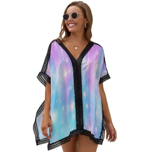 Pareo De Playa con Cielo Estrellado Degradado Brillante para Mujer, Arcoíris Ensueño Vestido De Playa con Encaje Y Cuello En V para Verano, Salida De Baño De Bikini, Camisa Beach Cover Up De Verano