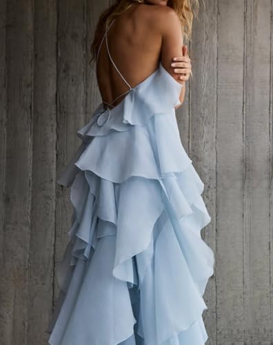 Chiffon 3D Flower Prom Dress Spaghetti Strap Tiered Ruffles Bridesmaid Dresses Backless Long Evening Party Gown4