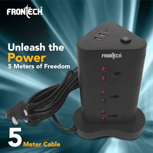 Image of Frontech Power Tower | 9 Universal Sockets | 2 USB Ports + 1 Type-C | 5m Cable | 2500W Load | Child Safety Shutter | Vertical Multi-Plug Extension Board (FT-3564)