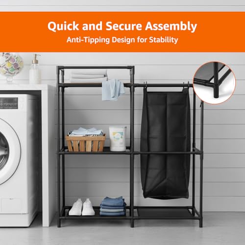 Image of Amazon Basics Multi-Function Laundry Shelf with 3-Tier Storage Organizer , Removable Polyester Bag, Iron Frame & MDF Shelf - 3-Tier Storage Organizer for Clothes, Towels & Supplies - Black (69L x 36W x 78H CM)