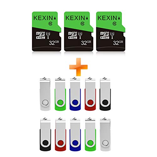 KEXIN 3 Pack 32GB Micro SD Card + Flash Drive 32GB 10 Pack 5 Colors (Black, Blue, Green, White, Red)