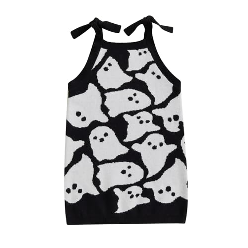 Yccutest Infant Girl Halloween Knitted Dresses Baby Girl Ghost Outfit Halloween Knit Sweater Toddler Sleeveless Mini Dress