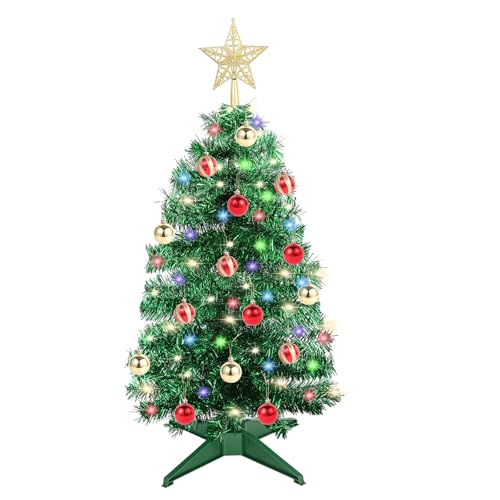 3Ft Christmas Tree with Lights, Table Christmas Tree with 50 LED 12 Modes, 3D Star, 15 Hanging Ball Ornaments, Small Prelit Xmas Tree for Tabletop, Home and Office (Green)
