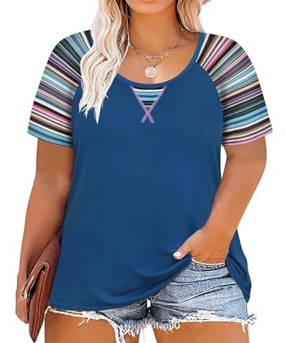 Image of CARCOS Plus Size Tops for Women Short Sleeve Shirt Summer Star /Leopard /Tie Dye /Flower Crewneck Pullover Tunic XL-5XL