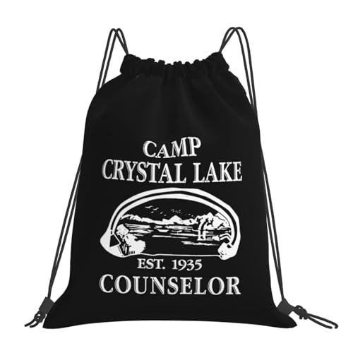 1980 Camp Crystal Lake Counselor Drawstring Bags, Lightweight Gym Sack with Adjustable Cord, Water-Resistant Sports Backpack for Men Women, Travel, Yoga, College (Black)