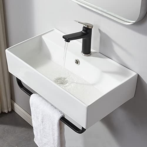 Shaco Wall Mounted Bathroom Sink With Towel Rack, 21" X 12" Modern Wall Mount Sink, Sinks For Small Bathrooms Wall Hung Sink, White Rectangular One Hole Lavatory Vanity Porcelain Ceramic Bathroom Sink #TOP3