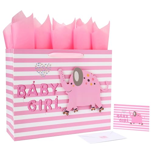 Image of 16.5 inch Extra Large Baby Girl Gift Bag Set with Handles, Greeting Card, Pink Tissue Papers and Stickers for Baby Shower, Newborn, New Moms or Parents, Kids Birthday Party, 3D Elephant Design, 1 Pcs