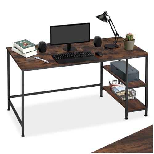 tectake® Mesa Escritorio con 2 Estantes Laterales, pies Ajustables, Moderno Escritorio para Ordenador, Mesa Oficina, fácil Montaje   120 x 60 x 75,5 cm Madera Industrial Oscura, Rústica