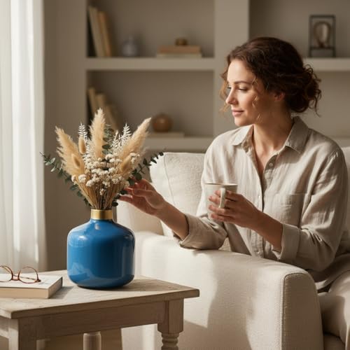 Image of Artful Living India - Round Metal Flower Vase | Round Vintage Vase for Living Room, Table, Office Decoration & Home Decor | Antique Decorative Metal Vase (Royal Blue)