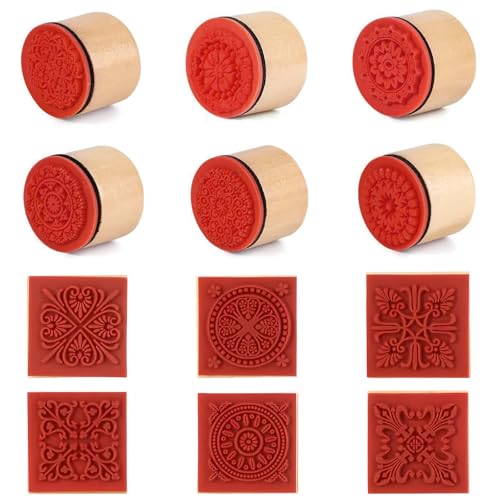 Fhioevt 12 Piezas Sellos para Ceramica de Madera Sello Floral Vintage Redondo y Cuadrado sellos de madera Natural Sellos De Goma-sello para Arcilla Tarjetas Scrapbooking (12 Estilos)