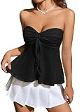 Milumia Women Tie Front Ruched Tube Top Y2k Summer Strapless Peplum Tops Babydoll Flowy Tops Black Small
