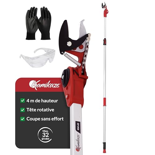 KAMIKAZE Échenilloir Coupe-Branches Télescopique jusqu'à 4 m. Mécanisme de Poulies Réducteur d'Effort. Tête Rotative et Lame en Acier SK5 avec Revêtement Antiadhésif. Sécateur Télescopique KM-63TLX