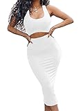 GOBLES Women's Sexy Summer Outfits Bodycon Tank Top Midi Skirt 2 Piece Dress White