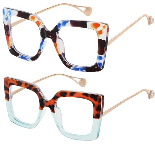 Image of Oversized Square Blue Light Blocking Glasses for Women Thick Fashion Pearl Inlay Arm Eyewear Computer Eyeglasses