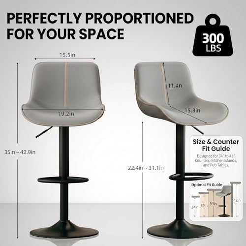 Butacos giratorios ajustables de barra, juego de 4, tapizados en cuero sintético gris, altura regulable, asiento ergonómico con respaldo, capacidad de 300 lb miniatura 2