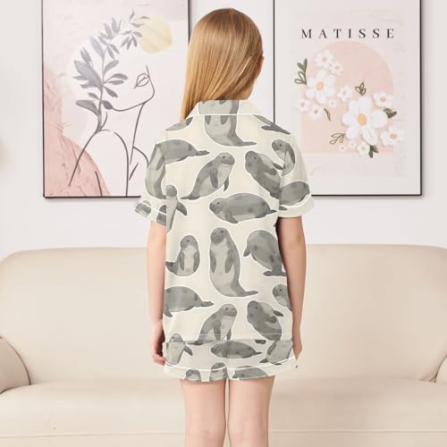 ALAZA Manatee Cartoon Satin Pajamas Set Short Sleeve Button Down Sleepwear Summer Pjs 2 Piece4