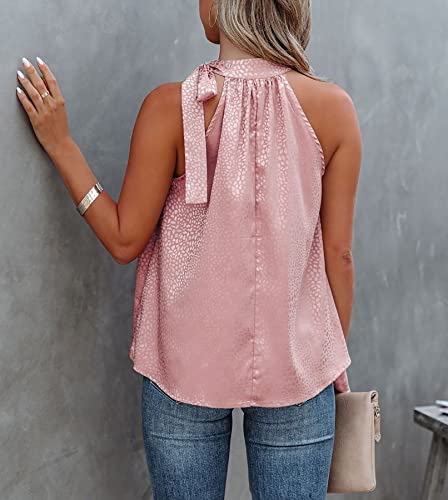 Btfbm Women Sleeveless Tie Mock Neck Summer Tops Loose Leopard Print Casual Side Bow Satin Halter Tank Top Blouse Shirts(Halter Light Pink, Medium) #TOP5