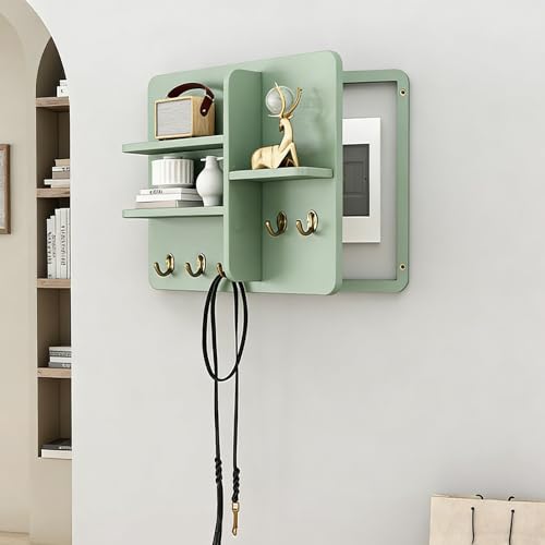 Fuse Box Cover Cabinet, Wall Mounted Fuse Box Cover Cabinet, Wooden with Shelf &amp; Hooks, for Living Room Home Office(Green-a,50 * 40cm/19.7 * 15.7in)