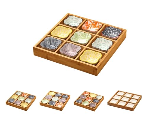 Gtzbcivお皿 小皿セット和風 小皿セット 竹トレイ 陶器 前菜皿 盛り鉢 深型 仕切り付き 天然木 9点セット小鉢 醤油皿 前菜皿 盛り鉢 和食器 セラミック アイスクリーム ソース皿 火鍋 焼肉屋 寿司屋 食洗機 (南筑9グリッド+花の形をした皿9