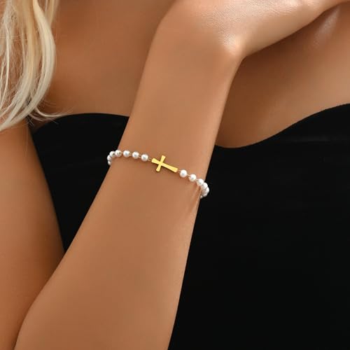 Cross Bracelet for Women 18K Gold Plated Dainty Pearl Beaded Cross Bracelets Adjustable Stainless Steel Trendy Wedding Bridesmaid Jewelry4