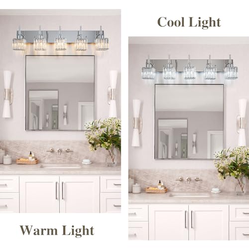 Image of 5 Light Chrome Crystal Bothroom Vanity Lights Over Mirror, Modern Bathroom Lighting Fixture,Wall Sconce for Mirror（Dressing Room, Entryway,Vanity Desk）
