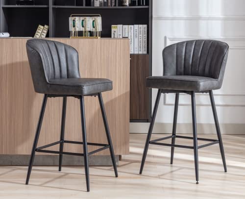 Image of EALSON 26 Inch Counter Height Bar Stools Set of 4 Leather Counter Stools with Back Modern Comfortable Bar Chairs with Metal Footrest Upholstered Kitchen Island Stools for Home Bar Dining Room, Grey