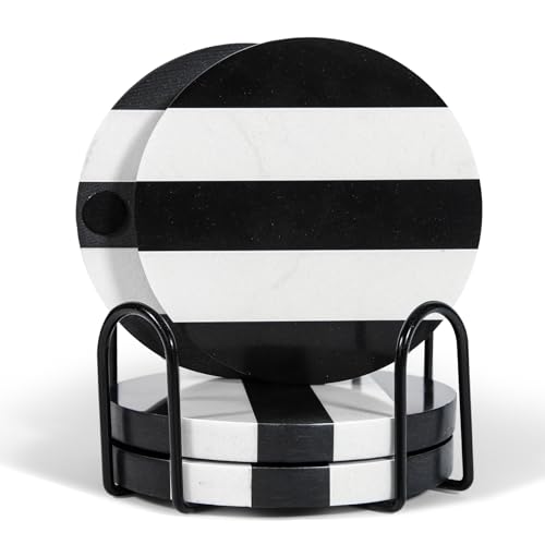 LiWiBet Black and White Round Marble Coasters Set of 4 with Holder, Striped Pattern Round Stone Coasters Non-Slip PVA Pads, Sturdy Storage Rack for Home Bar, Coffee Table, Kitchen Decor