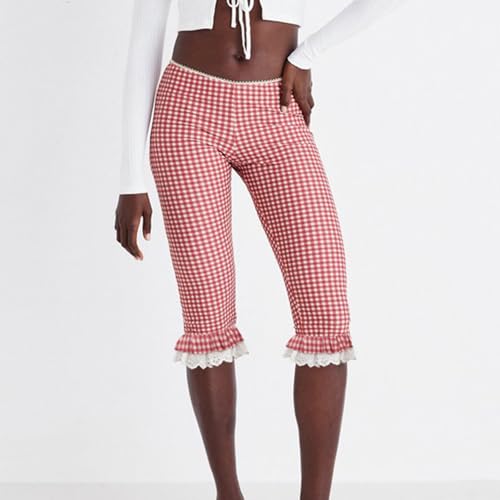 Women Plaid Capri Pants Summer Elastic Waist Knee Length Lace Ruffles Hem Skinny Casual Capris Legging3