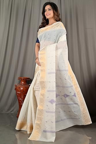 Image of eC ESHA'S COLLECTION Women's Kerala Cotton Floral Motif Printed Zari Bordered Tant Saree Without Blouse Piece