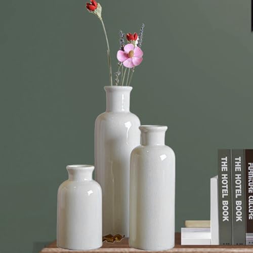 Small Ceramic Vase Set for Dining Table Decoration, Set of 3 White Flower Vase in Nordic Style for Home Decor, Mini Decorative Vase for Single Flower Pampas Grass - Height 5-8-10 inch, Glossy White