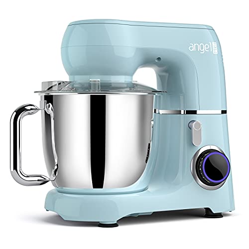 Mini angel Stand Mixer,10+1 Speeds 5.5QT Kitchen Electric Mixer with DIY Color Stickers,Tilt-Head Food Mixer with Dough Hook, Wire Whisk, Flat Beater, Stainless Steel Bowl - Blue