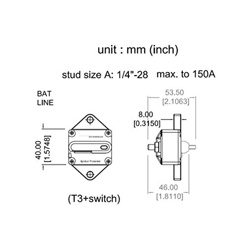 T Tocas Hi-Amp Type Iii 50A Circuit Breaker With Manual Reset Panel Mount, 12V- 48Vdc, Switchable Waterproof #TOP3