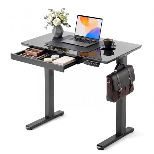 Image of INNOVAR Glass Standing Desk with Drawers 32 x 19 Inch Black