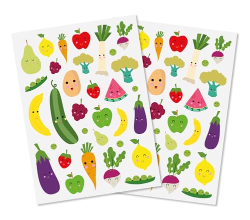 MÉGACRÉA Obst und Gemüse Aufkleber, 64 Stück, Mehrfarbig, Fruchtig, Papierrein Blatt, Glas, Kunststoff, Metall, [möglich] Wände