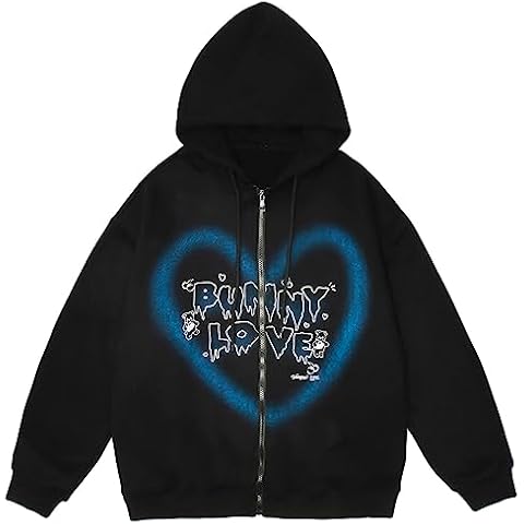 Rapidstreet Unisex Streetwear Bunny Love Heart Aesthetic Graphic Zipper Up Hoodie Sweatshirt Cotton Cover