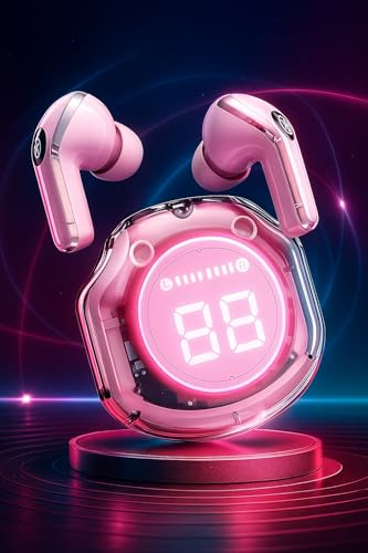 Image of LED Display Wireless Earbuds | Black | Bluetooth 5.0 | Dual Mic ENC Noise Cancelling | Gaming Mode | Touch Controls | Long Battery Life | in-Ear Design | (Ultra PRO) (Pink)