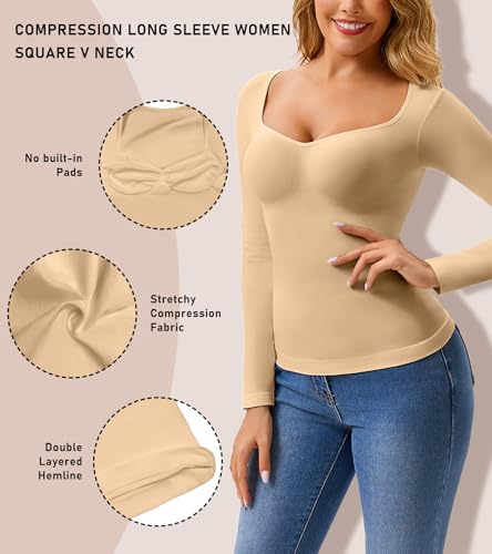 Women's Long Sleeve V-Neck Shapewear Tops, Tummy Control Compression Shirts - image 3